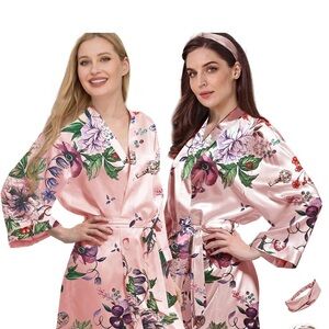 Floral Satin Kimono Robe - Pink